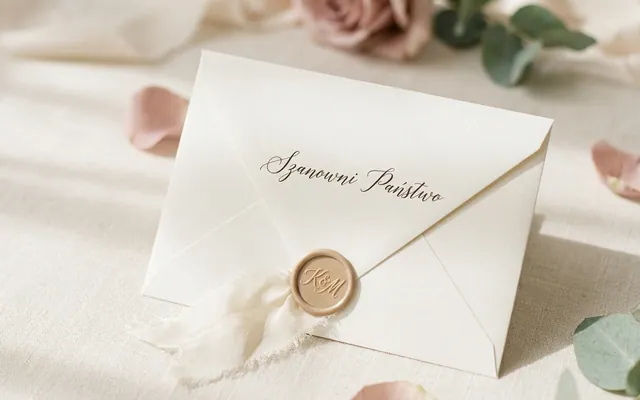 eleganckie zaproszenie ślubne z odręcznie wykaligrafowanym nazwiskiem na kopercie