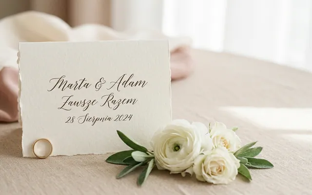 elegancka kartka z pięknymi życzeniami ślubnymi i kwiatami