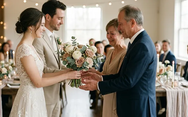 para młoda wręczająca kwiaty rodzicom podczas wesela