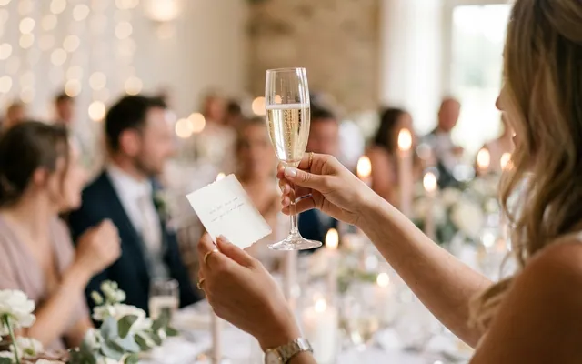świadek wznosi kieliszek i wygłasza toast weselny przy stole podczas wesela