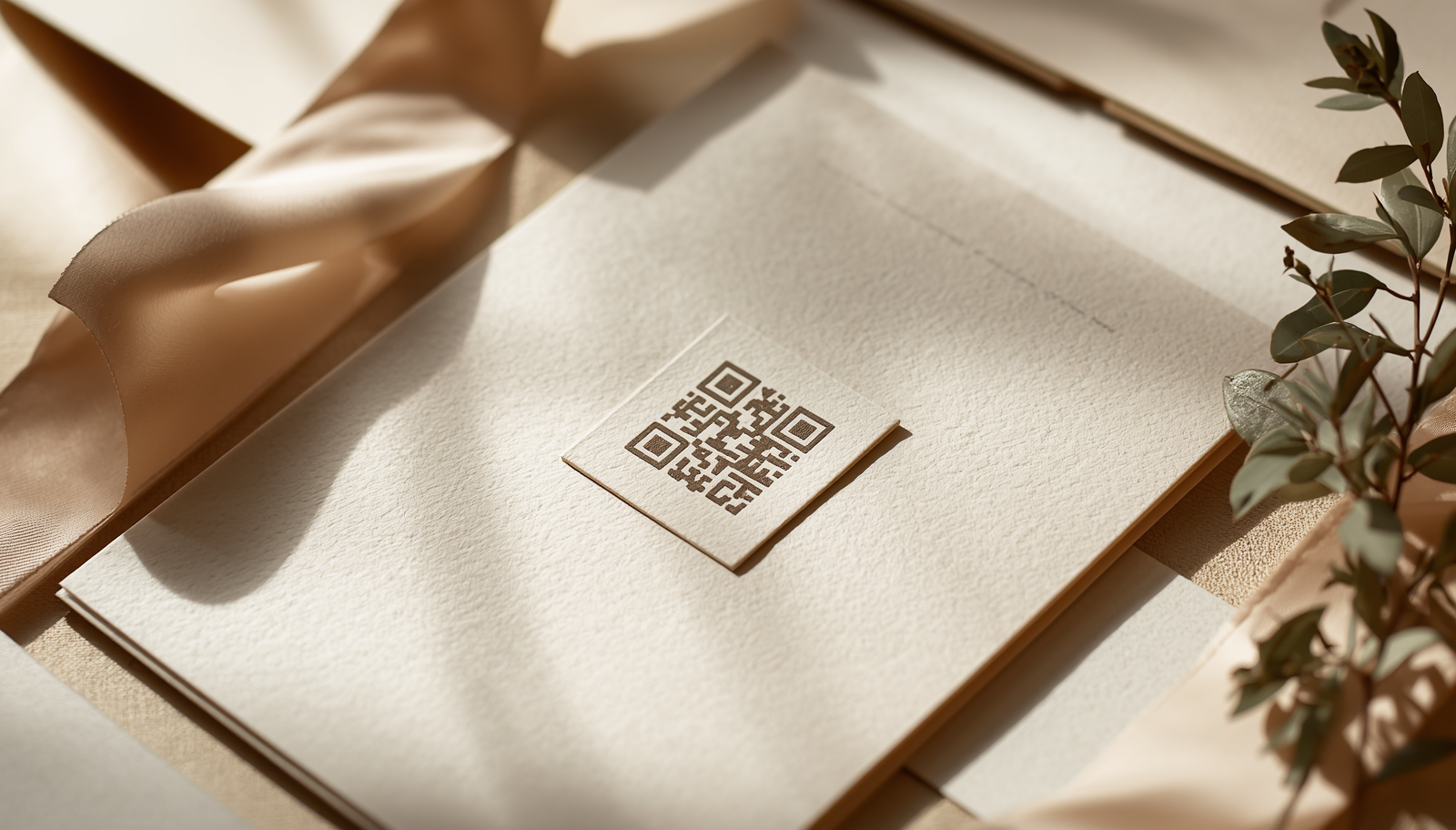 elegancka wizytówka z QR przy zaproszeniu ślubnym